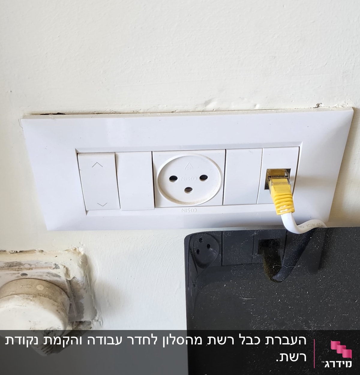 שקע חשמל ושקע רשת עם כבל צהוב מחובר